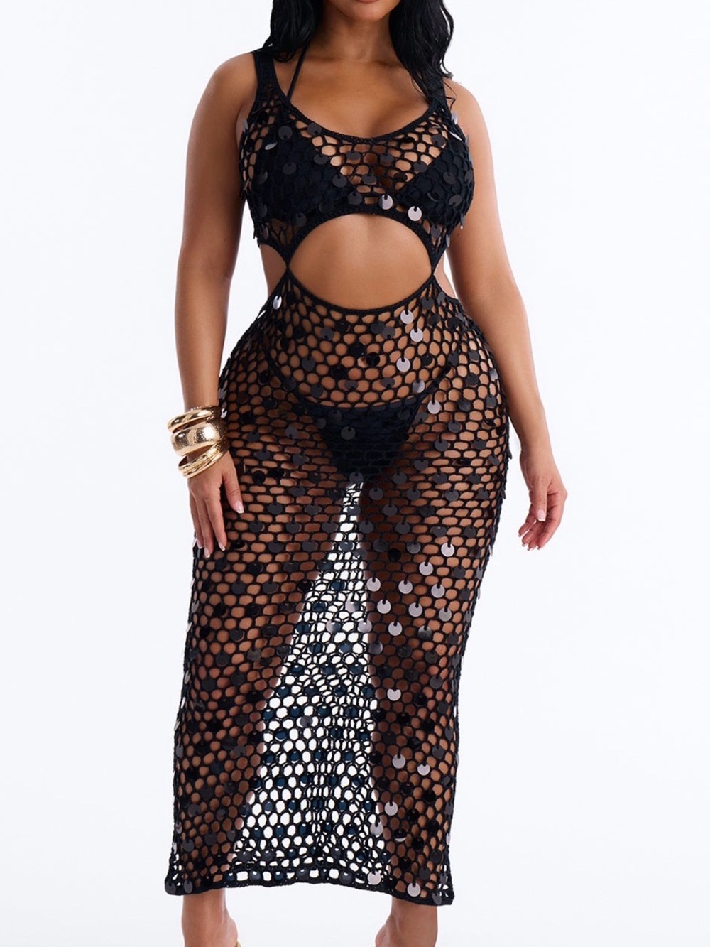 Moonbeam sequin fishnet cutout swim coverup maxi dress